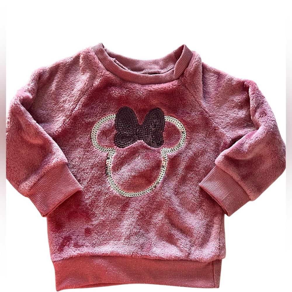 Girls Disney Minnie Mouse Pink Fleece Top with sequined Bow Design.